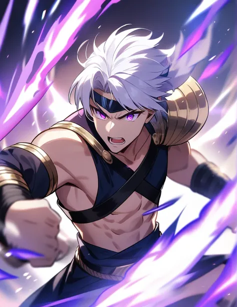 young Greek warrior with shoulder-length long white hair, violet eyes, one of his arms with purple flames and going on the attack in fury