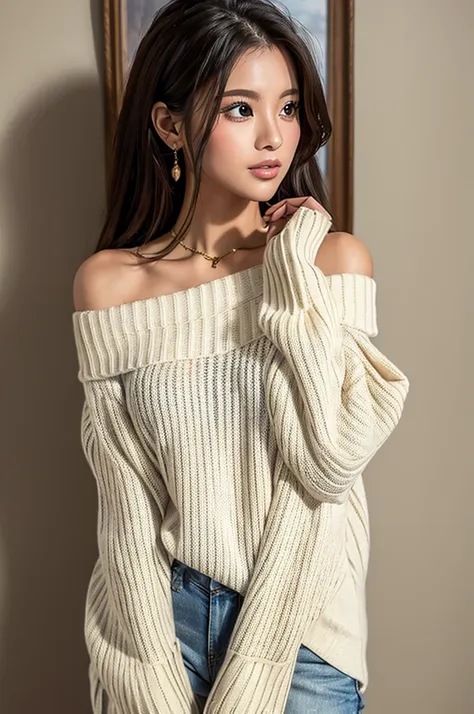 ((highest quality)), ((masterpiece)), (detailed), one girl, off-the-shoulder sweater,