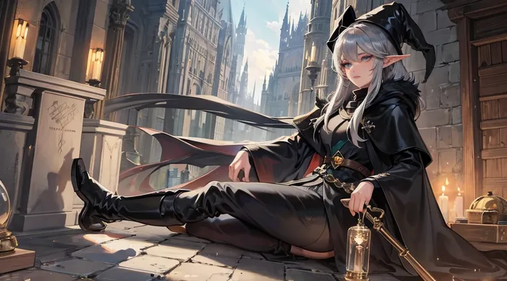 medieval setting, full view of body, 1 female elf mage,beatiful smokey eyes, silver hair, black mage robe with gambeson, wizard hat, leather boots