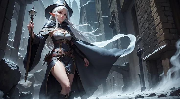 medieval setting, full view of body, 1 female elf mage,beatiful smokey eyes, silver hair, black mage robe with gambeson, wizard hat, leather boots