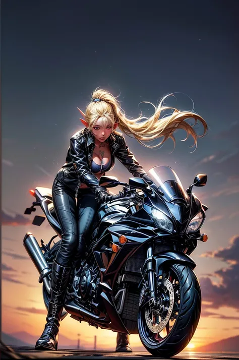 Super detailed,(((masterpiece))),(((highest quality))),(riding on motorcycle:1.3),(cute face,beautiful face:1.3),((blonde side ponytail long hair:1.5)),(Redeye:0.6),(pointed ears,black skin ,oil skin:1.5)(huge breasts:1.2),(model:1.1),(tattoo),(black ZZR),...