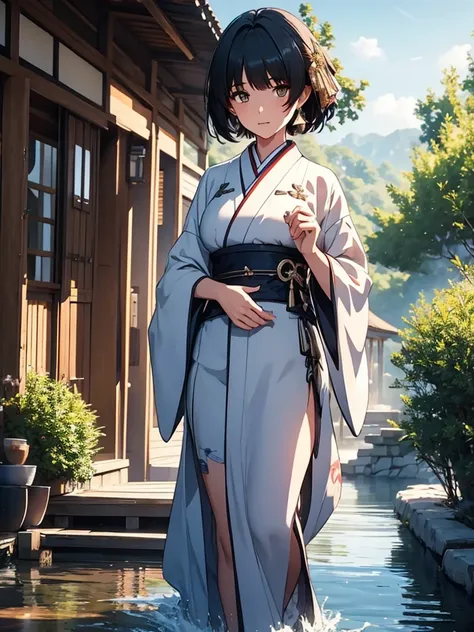 female rover from wuthering waves, 1girl, wearing a beautiful long kimono, at a japan village, black short hair, 8k, high detail...