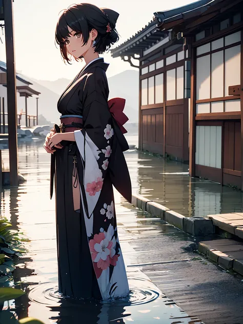 female rover from wuthering waves, 1girl, wearing a beautiful long kimono, at a japan village, black short hair, 8k, high detail...