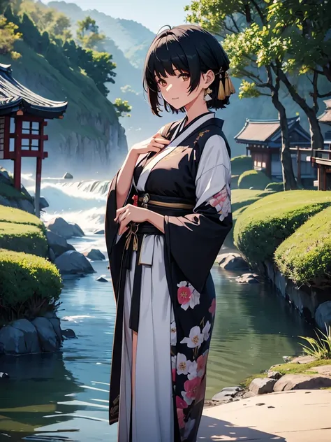 female rover from wuthering waves, 1girl, wearing a beautiful long kimono, at a japan village, black short hair, 8k, high detail...