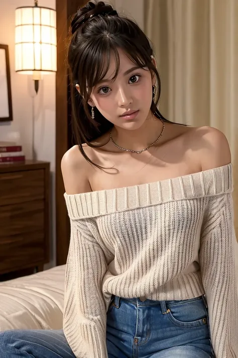 ((highest quality)), ((masterpiece)), (detailed), one girl, off-the-shoulder sweater,