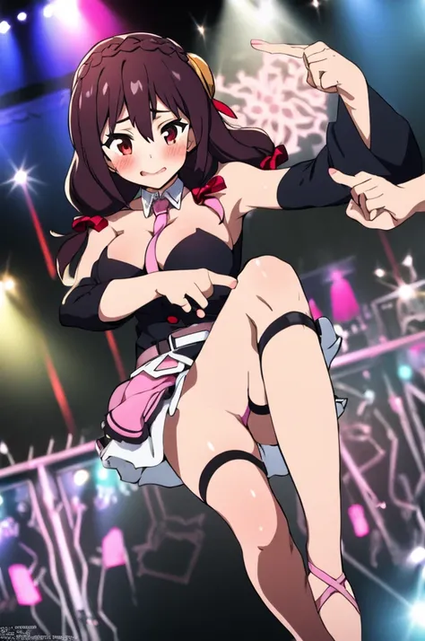 (masterpiece, Highest quality), One girl,    Yunyun,Long Hair,Braiding,Twin tails,Hair between the eyes,Red hair ribbon,hair ornaments,large round breasts,、Pink Skirt、Black Hair、Crown Blade,Black Shirt, Long sleeve,Pink tie, belt, Cleavage cutout、Above the...