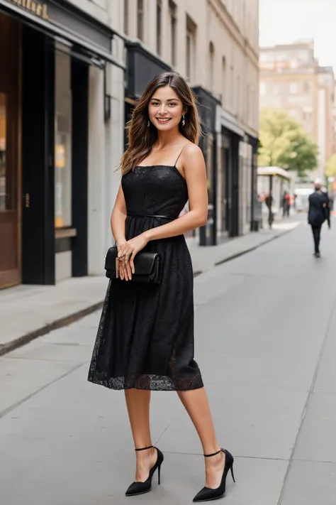 A high-resolution portrait captures the essence of an 18-year-old European woman. She stands confidently on a bustling street, dressed in a stunning black dress that accentuates her curves, matched with black stockings and elegant high heels. Her natural s...