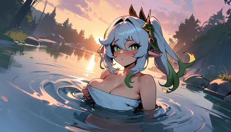 1girl, nahida (genshin impact), genshin impact   masterpiece, best quality, very aesthetic, absurdres, newest  ///// by nyantcha, cutesexyrobutts, by khyle   rating:nsfw, nude,naked,,,,,,,,solo,blush,shy,in water, , povpov, onsen,towel wrapped around body,...