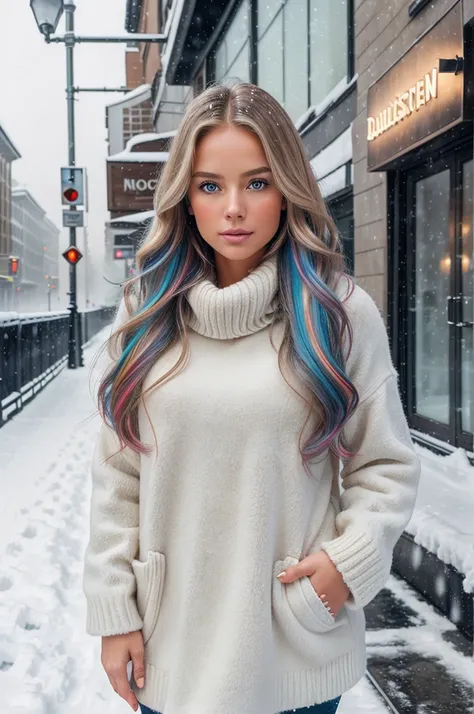 professional portrait photograph of a gorgeous Norwegian girl in winter clothing with long wavy blonde hair, sultry flirty look, gorgeous symmetrical face, cute natural makeup, wearing elegant warm winter fashion clothing, ((standing outside in snowy city ...