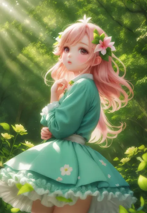 girl in a forest with floating flowers, river, puffy, puffy cheeks, cute,Fairy
vibrant colors, colorful art style, 
soft lighting, soft shadows, detailed textures, dynamic lighting,  
nice hands, perfect hands, 
