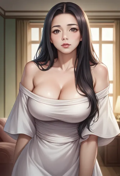 Highest quality, Photorealistic, finely, High resolution, 8k wallpaper, Perfect dynamic composition, Beautiful and detailed, Black Hair、Big and ample breasts、Random sexy poses、Chest to chest、(Breast Swelling 1.3)、Laughter、Adult Beauty、Japanese、Look at the ...