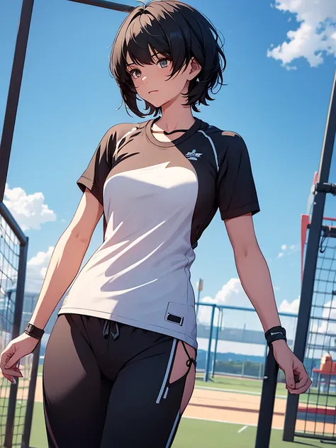 female rover from wuthering waves, 1girl, as an athlete, wearing sports outfit, sports t-shirt and pants, at a playground , blac...