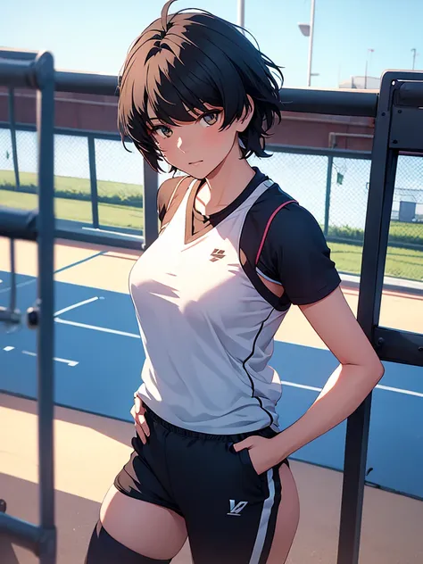 female rover from wuthering waves, 1girl, as an athlete, wearing sports outfit, sports t-shirt and pants, at a playground , blac...