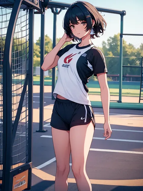 female rover from wuthering waves, 1girl, as an athlete, wearing sports outfit, sports t-shirt and pants, at a playground , blac...