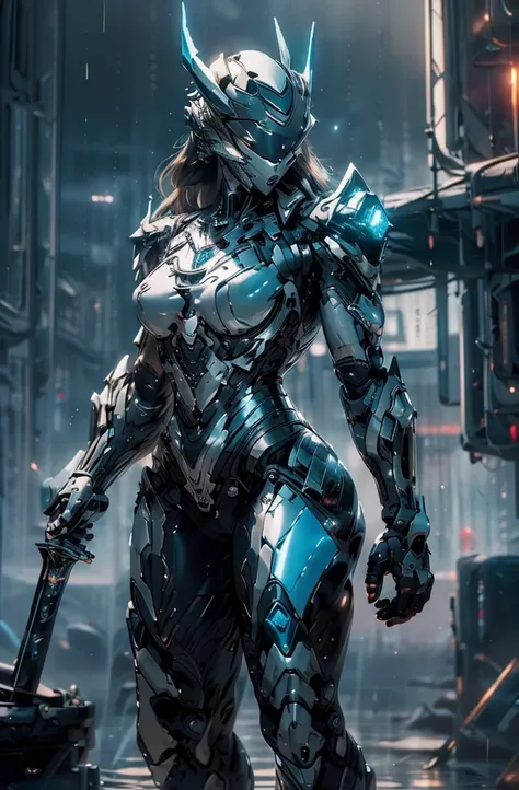 Masterpiece, best quality, highly detailed, cyborg women, sexy cyborg women, elegant cyborg, ((black and blue) cyborg), Mechanical body and helmets, horns, black visor, slim waist, wide hips, thick thighs, athletic, proportional body, (waist cape), long sw...