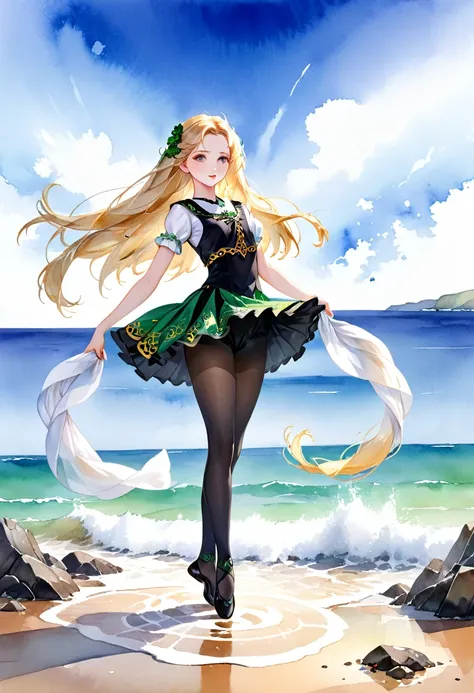 Irish Dance、Irish Danceを踊る少女、Northern Irish national costume、Black tights、Long, slender legs、Blonde Long Hair、watercolor画スタイル、watercolor、Gradient color sea background、Debris、Highest quality、Ultra-high resolution、Golden Ratio