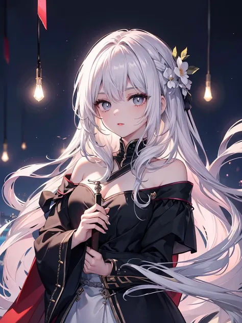 Create a high-quality artwork of a mature female assassin under the night sky. The artwork should feature a silver white long-haired female with light pink lips, calm gray pupils, and three bands, holding a short knife. The artwork should highlight the bea...