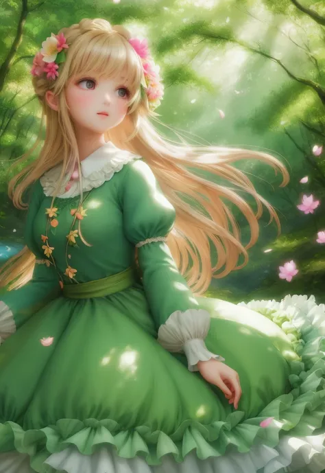 girl in a forest with floating flowers, river, puffy, puffy cheeks, cute,Fairy Leafdress
vibrant colors, colorful art style, 
soft lighting, soft shadows, detailed textures, dynamic lighting,  
nice hands, perfect hands, 
