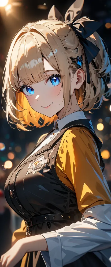 (((One girl))), Shibuya, blond hair, bob cut, (looking at viewer), upper body, big breasts, teenager, head tilt:1.3, (((blue eye))), constricted pupils, (from side:1.3), ((happy smile)), gothic lolita:1.3, hair ornament, hair ribbon, anime style, (best qua...