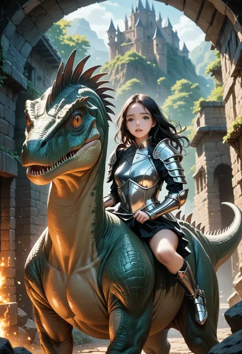 two humans riding a t-rex dinosaur long wavy black hair. detailed ornate black emerald armor, in a dungeon. anime waifu. stylish...