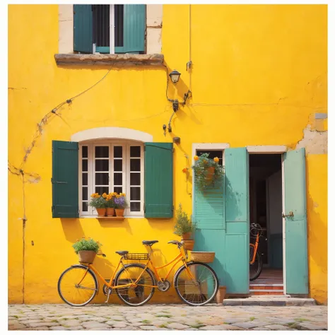 masterpiece, ultra detailed, beautiful, distinct, best aesthetic, super fine illustration, vibrant yellow wall, green shutters, striped awning, red flower pot, windowsill, orange bicycle, cobblestone ground, bright colors, vivid architecture, simple bicycl...