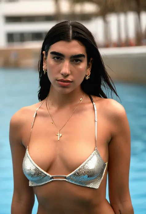  high quality  Erotic portrait  paparazzi photo ,  (gorgeous celebrity , woman, DuaLipa, dua lipa, duxlipa, female, singer, cute, vacation  side background , wet atmospheric , random click, random move photograph  , photorealistic , celebrity , woman ) sun...