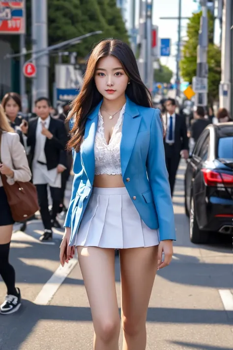 a 18 year old face of the most beautiful actress in the world, the perfect body proportions of a female, blazer is covering formal shirt, panties between bare legs are seen just a little thanks to skirt is too short, bare thighs, at the city street, standi...