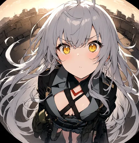 Serious expression、action、(masterpiece, best quality:1.2),Expressionless、 1girl, 独奏,Black military uniform、Grey long hair、Ahoge、Yellow Eyes、Ready your gun?、sniper rifle、Background of military bases、Fisheye Lens(masterpiece, best quality:1.2),Expressionless...