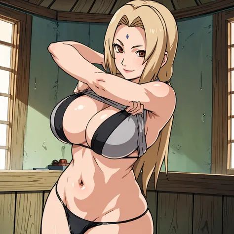 1girl,solo ,  shirt lift, undressing, 1Tsunade, blonde hair, brown eyes,, forehead mark mature woman,(narrow_waist), thigh、big breasts,, bikini underneath , smile, bedroom 