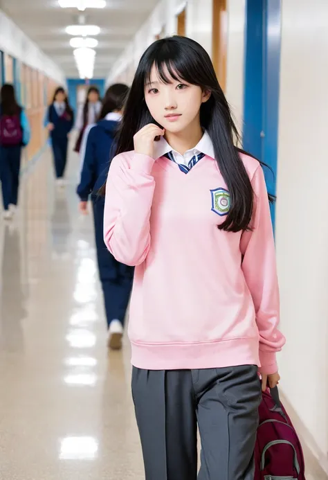 Long black hair、Japan Female Junior High School Students、Long sleeves and pants pink jersey、School corridor