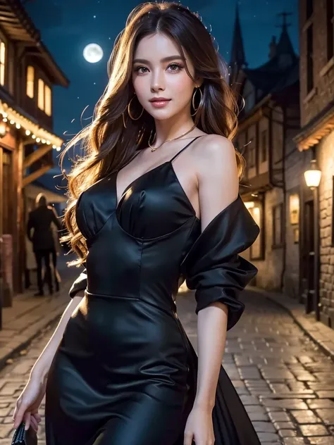 a beautiful woman, perfect figure, narrow waist, long chestnut hair, beautiful eyes, long eyelashes, lustrous lips, beautiful skin, beautiful smile, fashion model, attractive clothing, beautiful ornaments, black dress, cinematic scene, full moon night sky,...