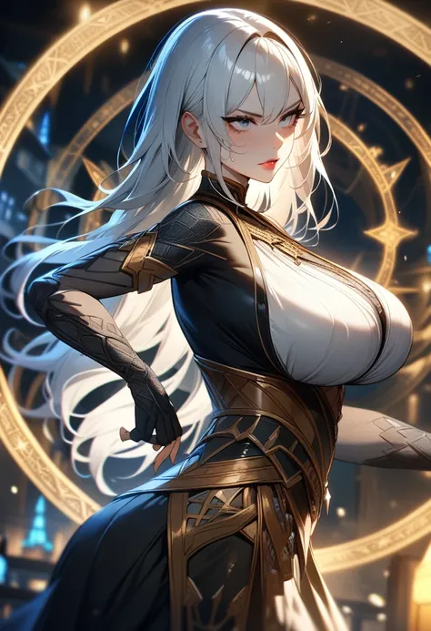 1girl,solo,super detailed skin,shiny skin,wet oily skin, serious face,eyelashes,lips gloss,white hair,long hair,large breasts,unique and complex clothes ,arm forward,magic circle,DonMM4g1cXL,from side,night fantasy town,masterpiece,best quality,ultra detai...