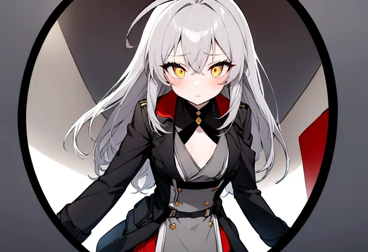 (masterpiece, best quality:1.2), 1girl, 独奏,Black military uniform、Looking through the scope、Point your gun at us、Grey long hair、Ahoge、Yellow Eyes、Ready your gun?、sniper rifle、Background of military bases、Fisheye Lens、battlefield、Shadows of light and darkne...