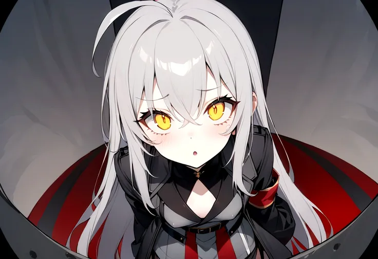 (masterpiece, best quality:1.2), 1girl, 独奏,Black military uniform、Looking through the scope、Point your gun at us、Grey long hair、Ahoge、Yellow Eyes、Ready your gun?、sniper rifle、Background of military bases、Fisheye Lens、battlefield、Shadows of light and darkne...