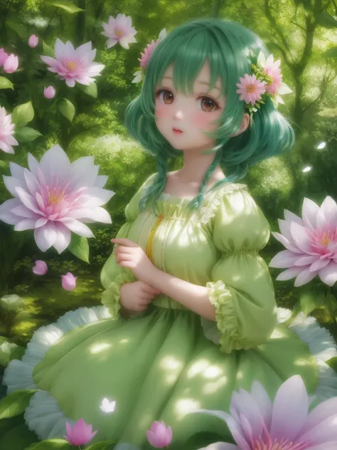 girl in a forest with floating flowers, river, puffy, puffy cheeks, cute,Fairy Flowerdress ピンクの髪
vibrant colors, colorful art style, 
soft lighting, soft shadows, detailed textures, dynamic lighting,  
nice hands, perfect hands, 
