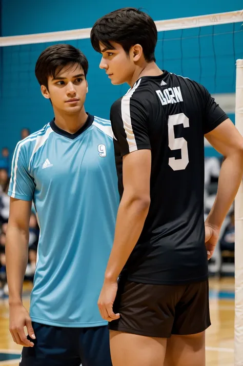 A volleyball player who has his back turned with the number 9 and who is an anime version with dark brown hair with a light blue shirt and black shoulder parts