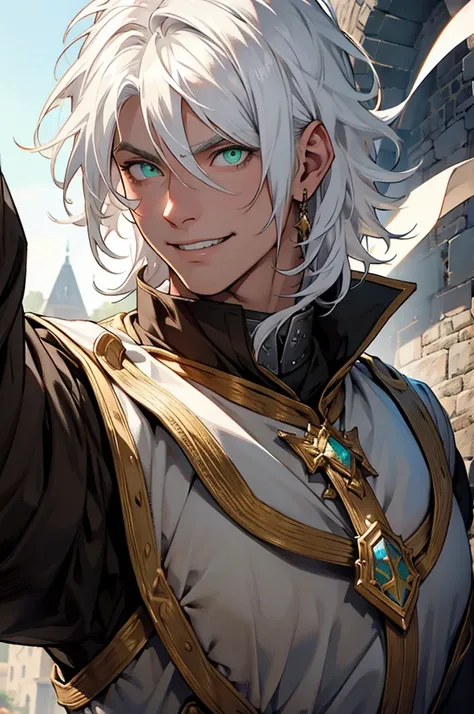 ,young, male, man, white, white hair, green eyes, armor dark medieval, medieval village atmosphere. medium hair, white hair, insane smile, insane eyes, blood in face, , 8k, super detail, accurate, best quality, high quality, high details, super detail, awa...