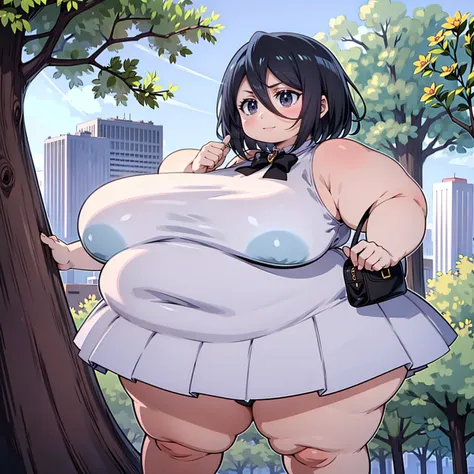 The background is a city., perfect by white girl, loli in dress, by white, by white god, cute anime waifu with short bikini, ((huge giant breasts)), Best Anime Wallpaper 4K, little obese loli, black girl hair, standing on a tree, in a park, super detailed ...