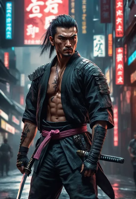 Samurai, One hand holding a katana, hyperrealism, very detailed skin, 4k, inkpunk style, great lighting, cyberpunk style,, katana illustration, concept art, full body shot, fighting，Dodge，avoid，lifelike，photorealism：1.37），bright colors，clear focus，Defocuse...