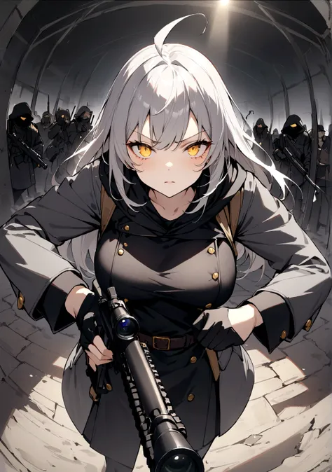 Gun on shoulder、(masterpiece, best quality:1.2), 1girl, 独奏,Black military uniform、Looking through the scope、Point your gun at us、Grey long hair、Ahoge、Yellow Eyes、Ready your gun?、sniper rifle、Background of military bases、Fisheye Lens、battlefield、Shadows of ...