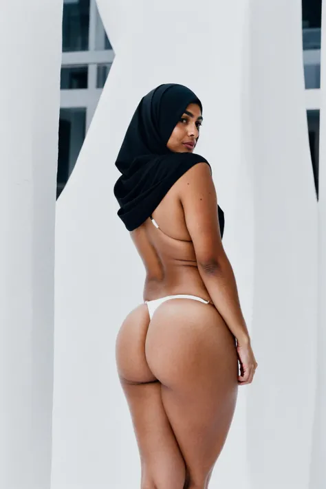 RAW photo,candid photograph, full body,photo of a beautiful,influencer,30yo Arab woman,black hijab, detailed skin, naked, looking at viewer, thick body structure,white background,no background, candid pose,blue light, film grain, kodak color, instagram LUT