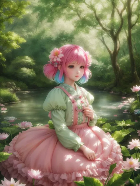 girl in a forest with floating flowers, river, puffy, puffy cheeks, cute,Fairy Flowerdress pinkhair
vibrant colors, colorful art style, 
soft lighting, soft shadows, detailed textures, dynamic lighting,  
nice hands, perfect hands, 
