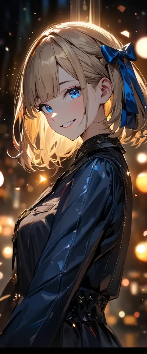 (((One girl))), Shibuya, blond hair, bob cut, (looking at viewer), upper body, breasts, teenager, head tilt:1.3, (((blue eye))), constricted pupils, (from side:1.3), ((happy smile)), gothic lolita:1.3, hair ornament, hair ribbon, anime style, (best quality...