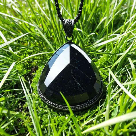 black stone pendant lying in the grass