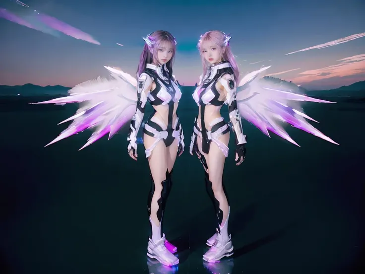 ((masterpiece, best quality, extremely detailed), volumetric lighting, ambient occlusion, colorful, glowing), 
((2girls)),  young girls, (purple white gradient long hair),  halo, aura, sacred, goddess, cyber suit, (white outfit:1.3), android, bot, angel wi...