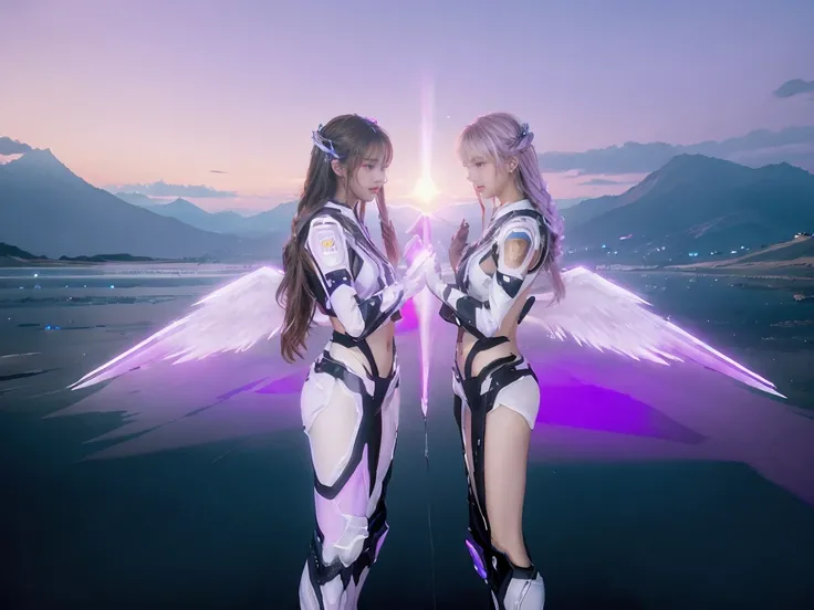 ((masterpiece, best quality, extremely detailed), volumetric lighting, ambient occlusion, colorful, glowing), 
((2girls)),  young girls, (purple white gradient long hair),  halo, aura, sacred, goddess, cyber suit, (white outfit:1.3), android, bot, angel wi...