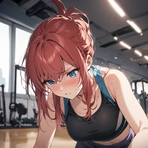 Young girl training in the gym, she is sweating, your short red hair and your blue eyes