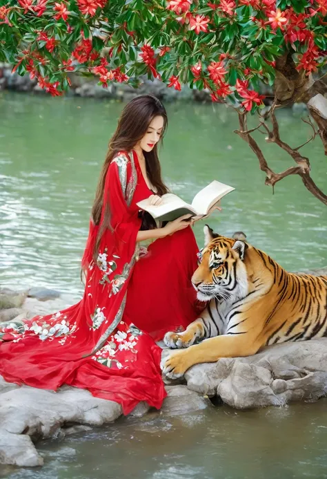 a photo of  a beautiful 30yo woman, wearing a red dress with small floral motifs, beautiful, luxurious, polite, long flowing hair, sitting under a frangipani tree, next to clear flowing river water, while reading a book accompanied by a big tiger, woman lo...