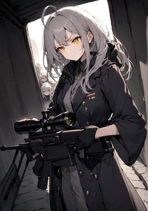 Gun on shoulder、(masterpiece, best quality:1.2), 1girl, 独奏,Black military uniform、Looking through the scope、Point your gun at us、Grey long hair、Ahoge、Yellow Eyes、Ready your gun?、sniper rifle、Background of military bases、Fisheye Lens、battlefield、Shadows of ...