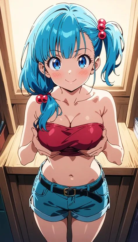 score_9, score_8_up, score_7_up, BREAK from front,from above,straight-on,(breast lift),standing,,mediumshot,1girl,bulma, blue eyes, blue hair,bare shoulders, belt, cleavage, hair bobbles, hair ornament, hair over shoulder,medium breast,midriff, navel, one ...